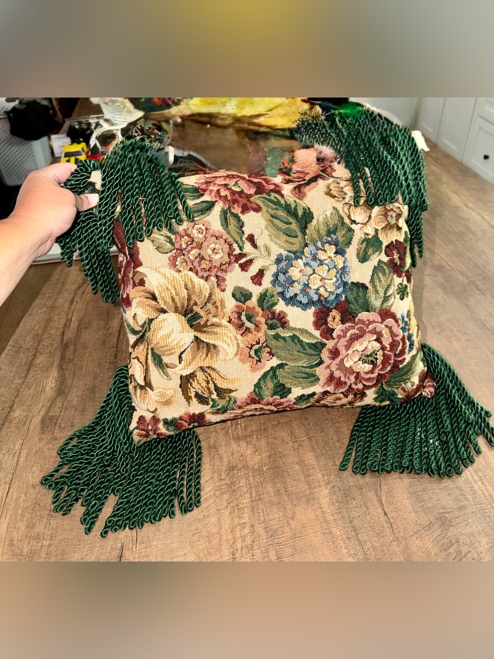 Vintage Floral Tapestry Throw Pillow with Green Fringe - Classic